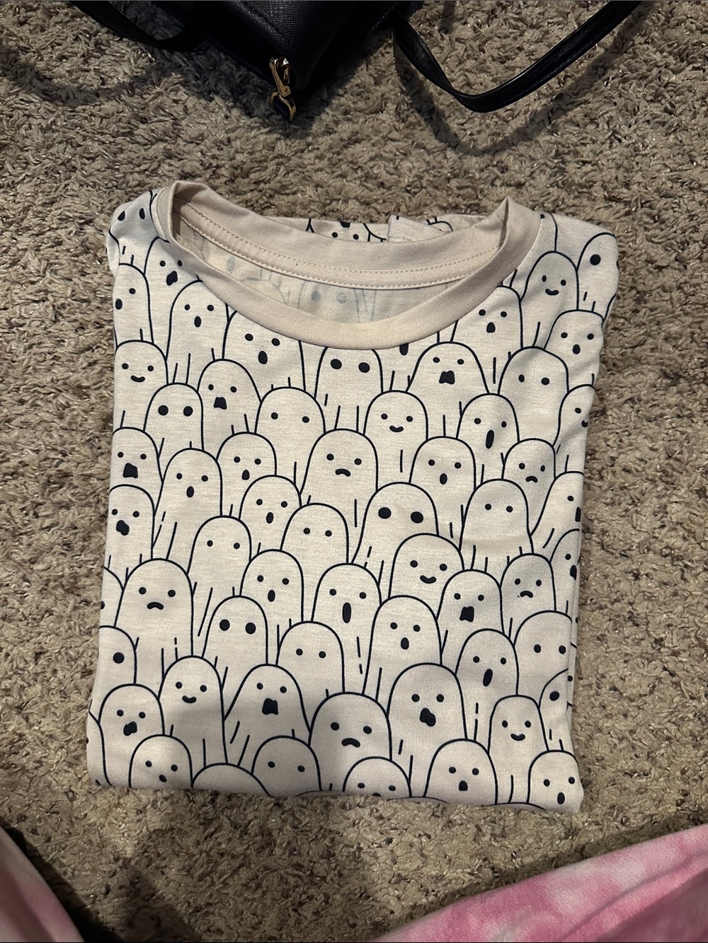 SHEIN Cream Short Sleeve Tee with Black Ghost Print